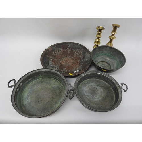 619 - Old skillet, pair of brass candlesticks etc