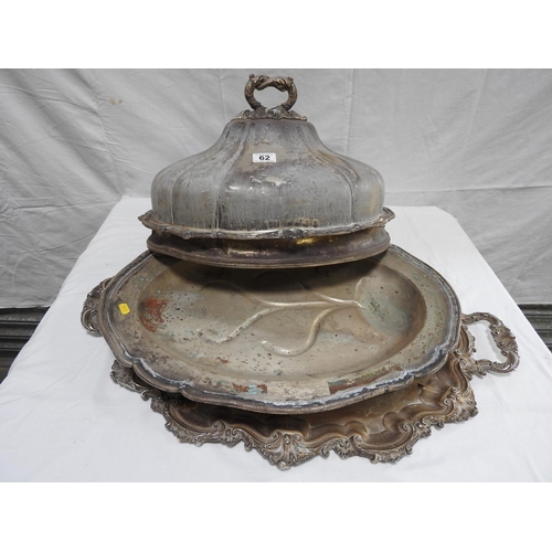 62 - Large Silver plated salver, serving dish, cloches etc