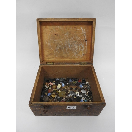 632 - Old Pine box and contents - buttons