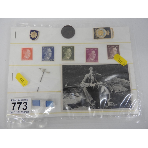 773 - Nazi pin Hitler photograph and Nazi stamps etc