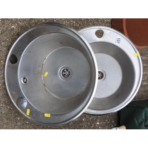 107 - 2x small circular stainless steel sinks