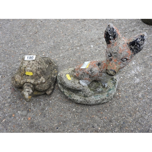 150 - 2x concrete garden ornaments - Fox and a tortoise