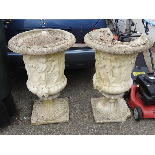 177 - Pair of large concrete garden pedestal urn planters - one A/F, 36