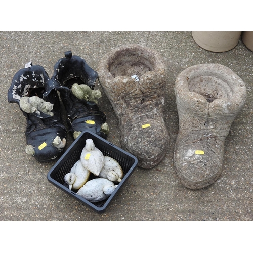 212 - Pair of concrete boot planters and other garden ornaments