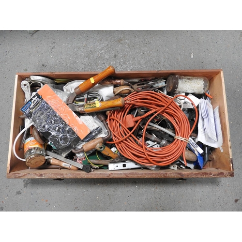 537 - Wooden box of tools, ironmongery etc