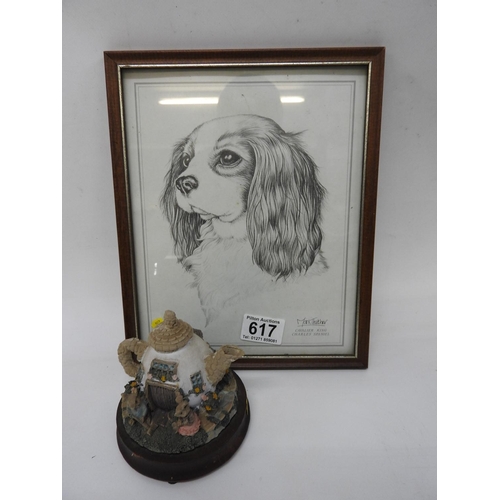 617 - Framed King Charles Spaniel print and a teapot ornament