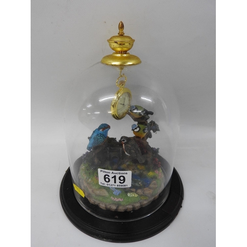 619 - Pocket watch and bird display in glass dome