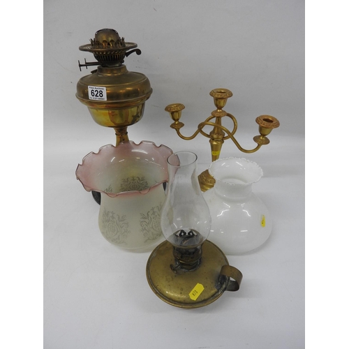 628 - Old lamps, lamp parts and candelabra etc