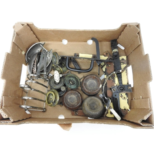 642 - Box of door catches, toast rack etc