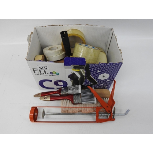 656 - Box of sticky tape, decorated brushes etc