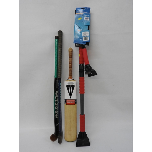 659 - Snow broom, hockey sticks and a cricket bat