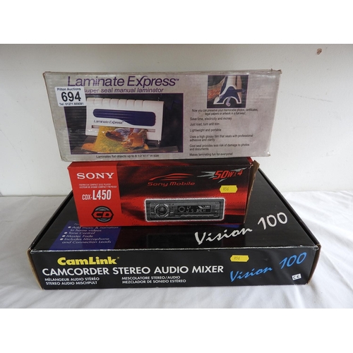 694 - Laminator, car CD player and a camcorder stereo etc