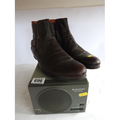 696 - Kenwood speaker and a pair of boots