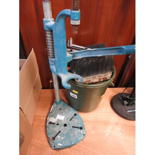 348 - Bucket of ironmongery and a drill press stand