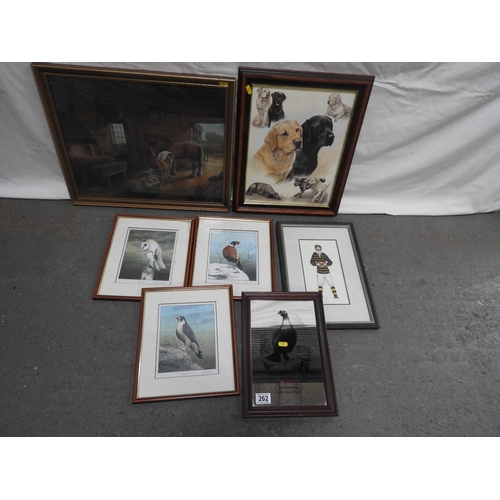 262 - Quantity of pictures and a framed Famous Grouse mirror