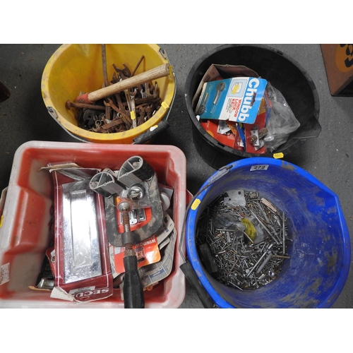 272 - Plastic buckets and a plastic storage crate and contents - ironmongery, tools etc