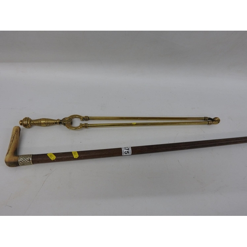 375 - Brass fire tongs and white metal mounted walking stick