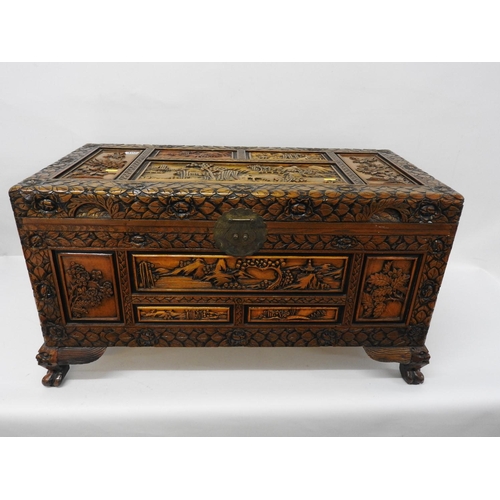 406 - Profusely carved oriental camphor wood chest - 34x 17x 19