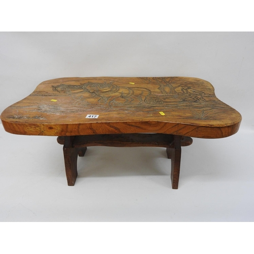 417 - Pine coffee table with carved detail to top, working horses - 32x 20x 15