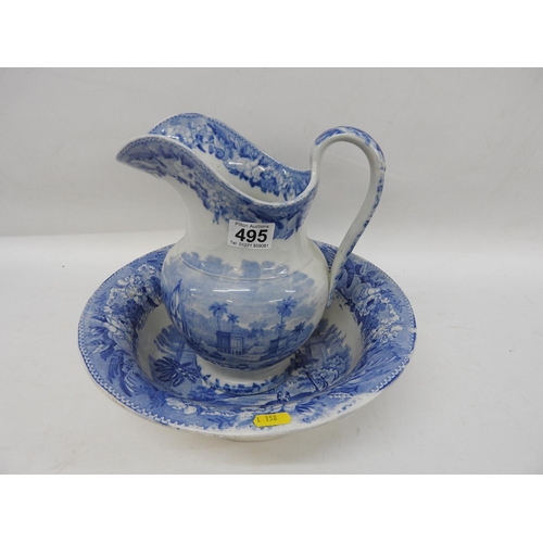 495 - Blue and white wash stand jug and bowl