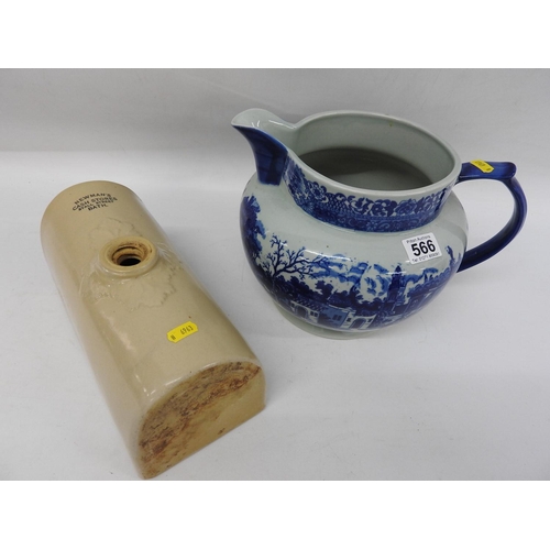 566 - Blue and White jug and Stoneware hot water bottle