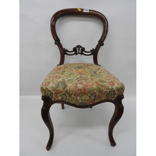 592 - Victorian Mahogany balloon back dining chair with taffeta upholstered seat