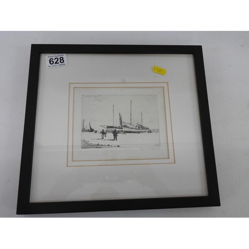 628 - Framed Norman Wilkinson etching signed in pencil - Fishing Boats - picture size 6.5x5