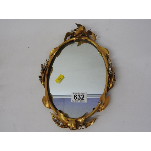 632 - Oval Brass framed floral decorative mirror - 10x8