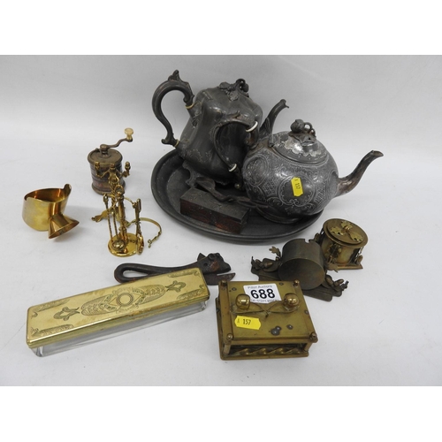 688 - Quantity of metal ware to include brass trench art