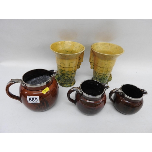 689 - Pair of vases and 3x graduating jugs