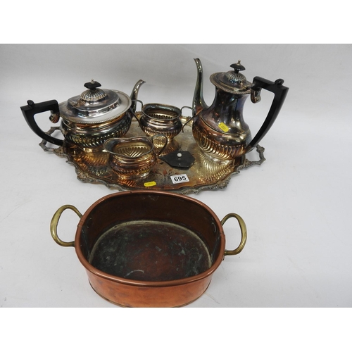 695 - Plated tea set and copper planter etc