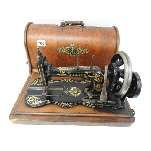 706 - Wood cased Singer No 12 sewing machine - circa 1880, 2 serial No's USA and UK