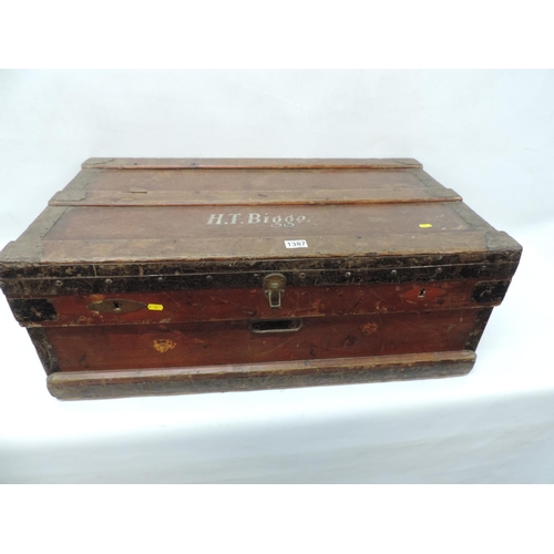 1387 - Metal bound Pine trunk - H.T Bigge - 36x 21x 14