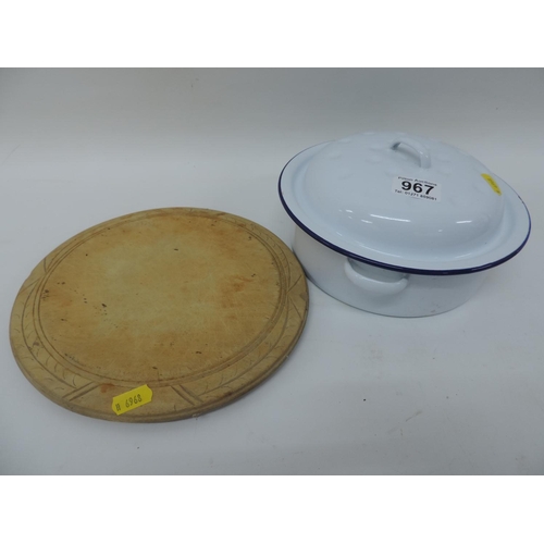 967 - Lidded enamel cooking pot and bread board