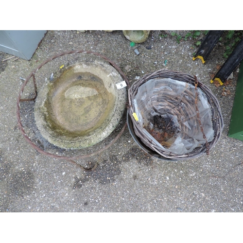 9 - Concrete Bird Bath, Pot Stand, Galvanised Bucket and Hanging Basket