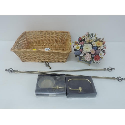 1002 - Wicker Basket and Contents - Artificial Flowers, Curtain Pole, Soap Dishes Etc