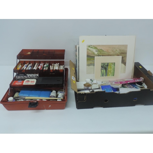 997 - Box of Artists Material and Plastic Work Box with Contents of Artists Paints Etc