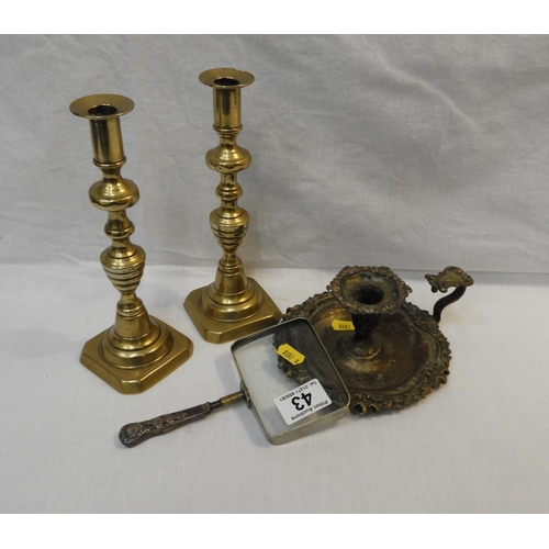 43 - Pair of Brass Candlesticks, Magnifier with White Metal Handle