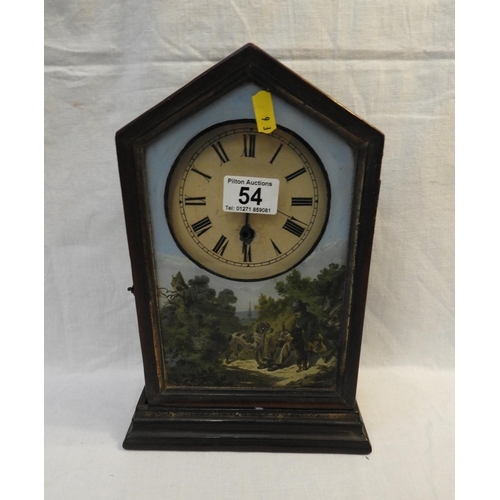 54 - Wooden Mantel Clock with Painted Glass Scene to door