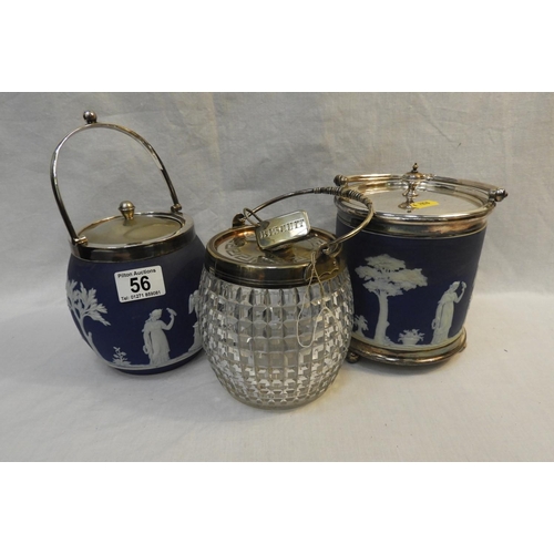 56 - 2x Wedgwood Biscuit Barrels and Cut Glass Biscuit Barrel