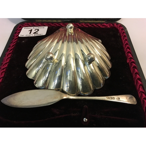 12 - Cased Silver Oyster Serving Dish with Knife