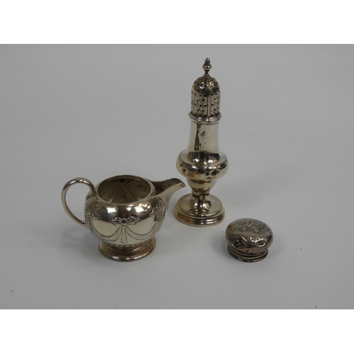 609 - Silver Sugar Caster, Cream Jug and a Pot Lid - Total weight 200gms