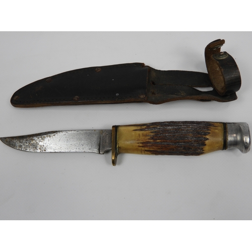 18 - Bone Handled Hunting Knife in Leather Sheath