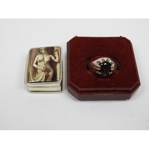 63 - Silver Garnet Ring and Silver Risque Snuff Box