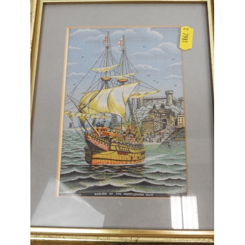 93 - Framed Woven Silk Picture - Mayflower and Other Print