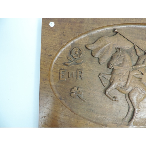 109 - A QEII Hand Carved Oak Plaque with a Mounted Rider Blowing a Bugle - an 'EIIR 1953' Cipher and Four ... 