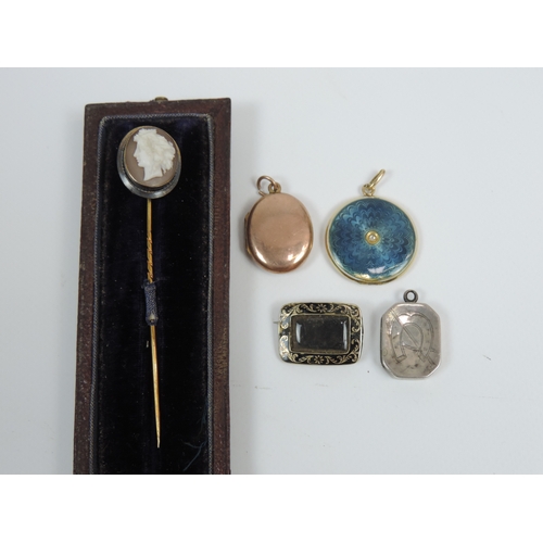 47 - 4x Victorian Lockets in Gold and Silver and Boxed Gents Victorian Cameo Cravat Pin