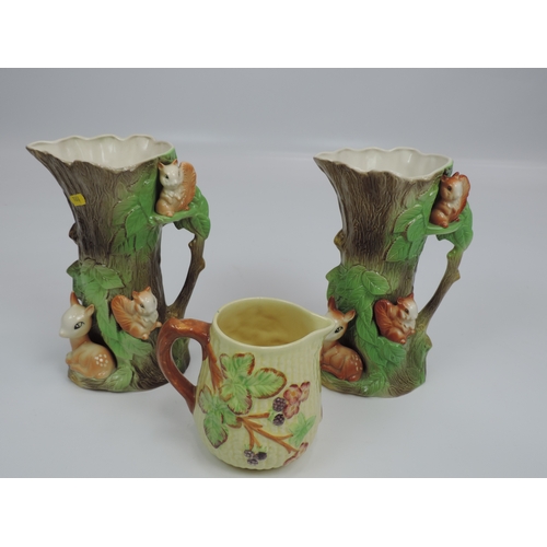 470 - 2x Fauna Vases Plus Hand Painted Staffordshire Jug