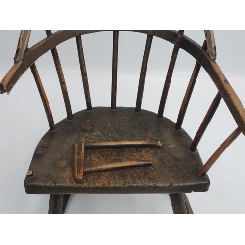 206 - Early Ash and Elm Country Chair with Original Paint - Damage to arm (break)