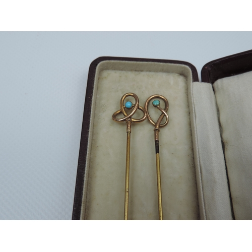 187 - Pair of Art Nouveau Hat Pins with 9ct Gold Head Set with Turquoise